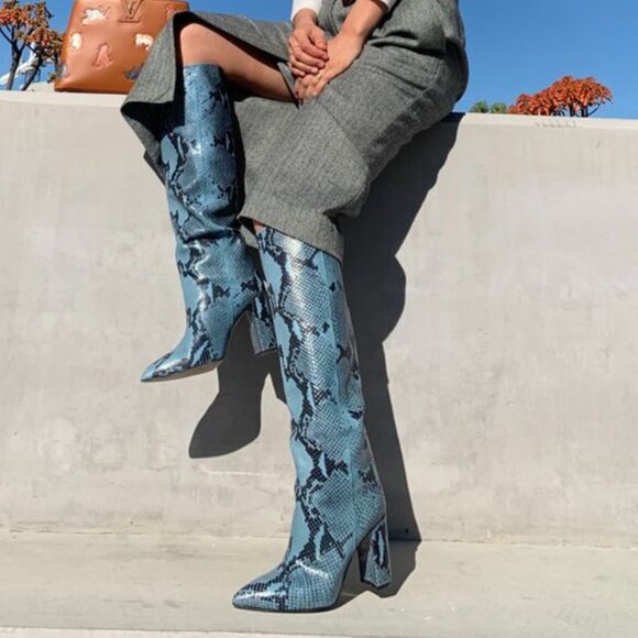 Paris Texas Blue Snakeskin Heeled Boots - Picture 1 of 16